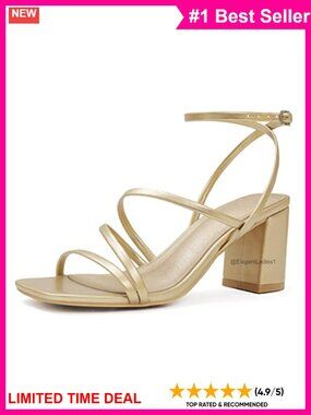 LACUONE Strappy Block Heel Sandals Square Toe Ankle Strap Buckle